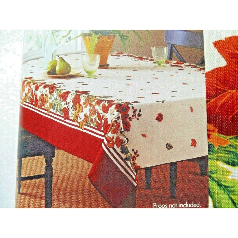 Mirror Border Fall Leaves Tablecloth Oblong Kitchen Holiday Polyester 60 x 84-In